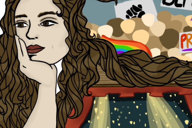 Colorful scenes are woven into a person's long hair